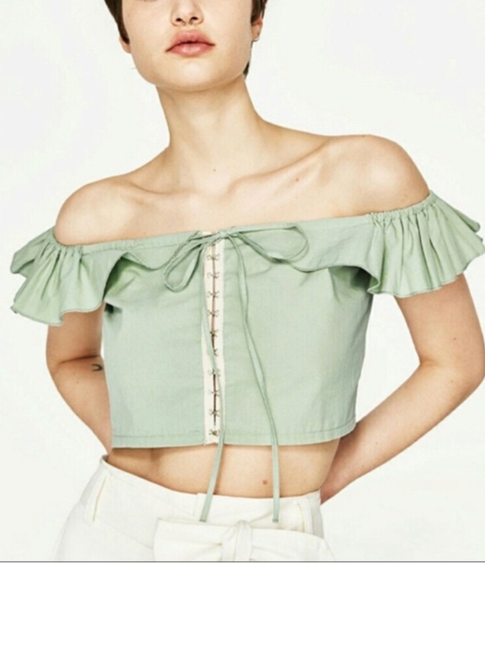 NWTs Zara Mint Tie-Front Puff Sleeve Crop Top